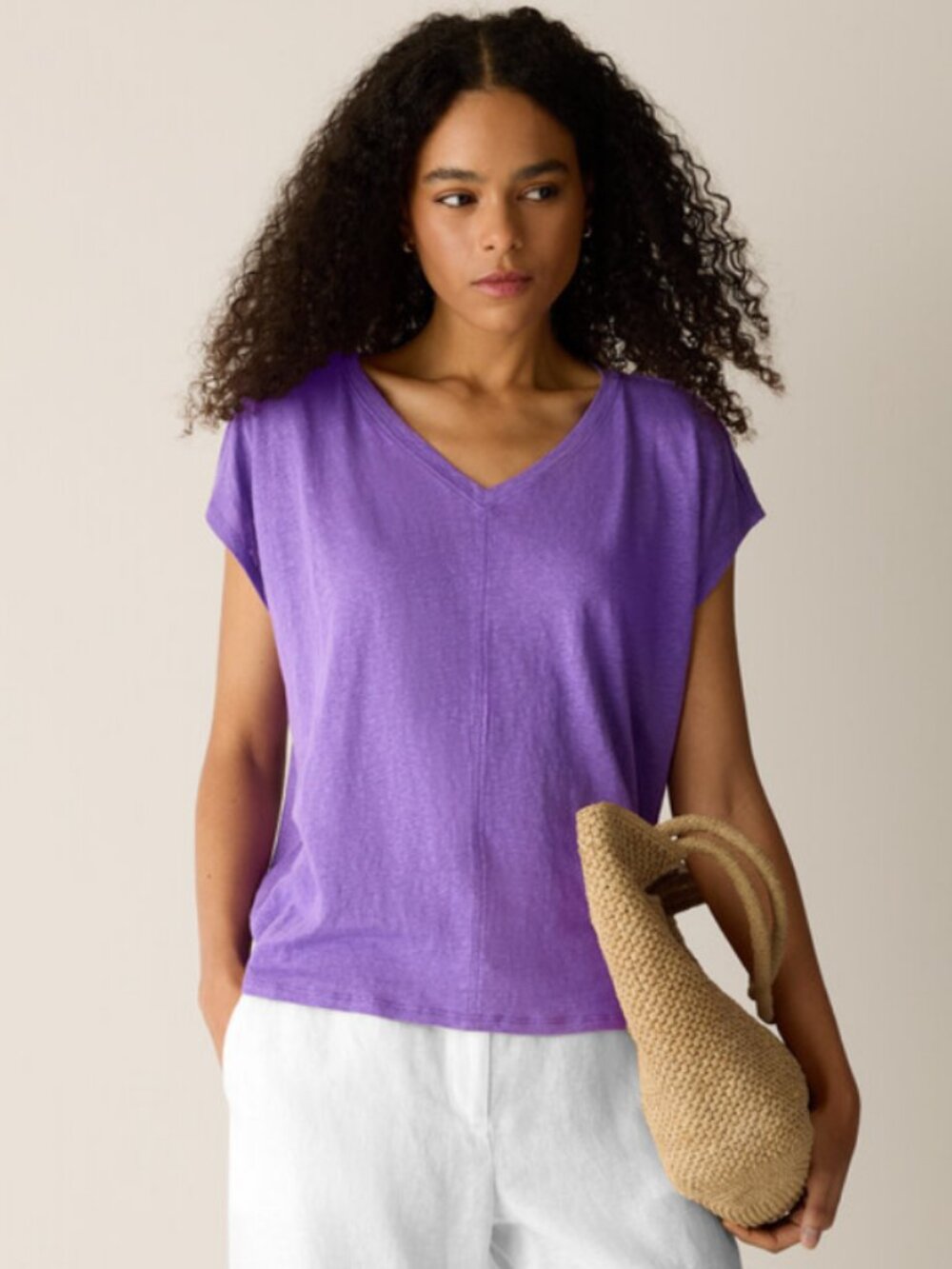 Eileen Fisher Organic Linen Jersey V-Neck Tee in Petunia